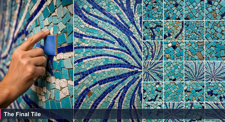 A weathered artisan's hand placing the final ceramic tile onto a mosaic panel in the Grand Bazaar. The tiles form a wave pattern in shades of İznik blue and turquoise, symbolizing the interconnected women in tech ecosystem.