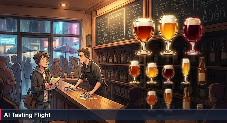 Interior of a crowded Brussels bar on a rainy night with a large chalkboard listing “TOP 10 BEERS TO TRY IN BELGIUM TONIGHT,” a hesitant customer and dim shelves in the background.