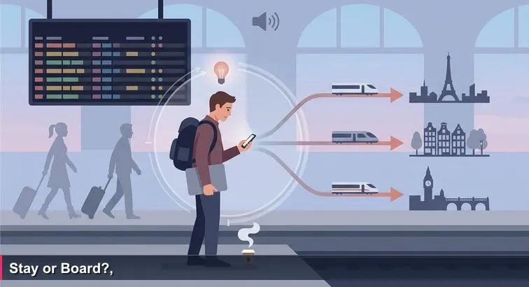 Early-morning scene on platform 6 at Brussels-Midi: a commuter with a backpack and laptop bag checks a job-offer email on their phone while trains to Paris, Amsterdam and London appear on the departure board.