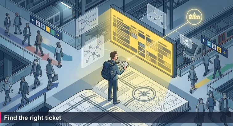 Commuter at Brussels-Midi under a large yellow departure board, holding three different train tickets, looking uncertain amid a busy multilingual crowd.