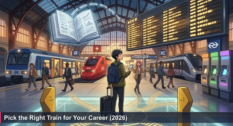 Early evening at Brussels-Midi: a commuter with a laptop bag stands beneath a large departure board showing three trains to Amsterdam, deciding which option to take.