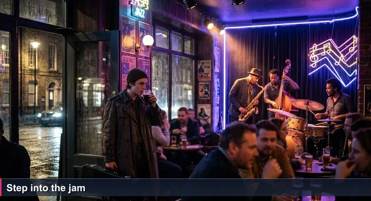 Dim Brussels jazz bar near Saint-Géry: a tight band mid-jam on a tiny stage under warm lights while a person stands in the doorway holding a closed trumpet case and a beer, watching.