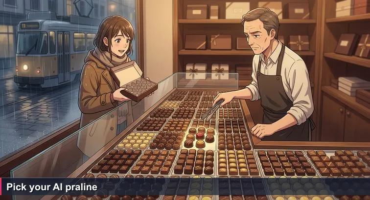 Interior of a Brussels Sablon chocolatier at dusk: glass counter filled with hundreds of pralines, a tourist holding an empty 10-slot box, chocolatier poised with tongs.