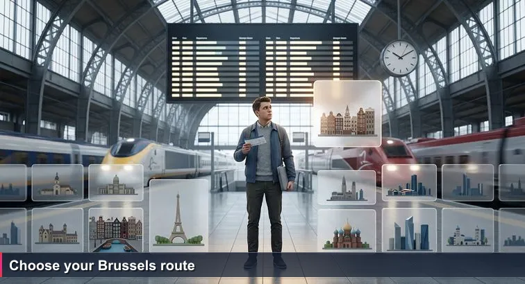 Person with backpack standing under the large departure board at Bruxelles-Midi, looking at destinations like Leuven, Liège, Amsterdam and Paris while holding a ticket.