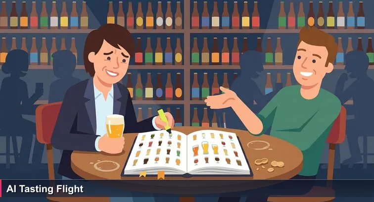 Dim Brussels bar table with a thick beer menu, two young professionals debating choices; highlighter, half-drunk beer, condensation rings and warm ambient light.