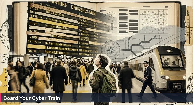 Crowded Monday morning at Brussels-Midi: a large yellow-and-black departure board lists destinations while commuters surge; one person stands frozen staring at the board.