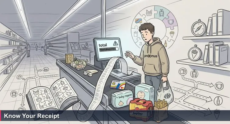 Late-night Carrefour self-checkout in Ixelles showing a young developer in a Proximus hoodie staring at a long receipt beside basic groceries, a STIB card reload and nappies.