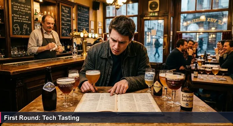 A rainy Brussels bar scene: a wooden table with a thick beer menu, an overwhelmed guest and a calm bartender under warm light, evoking choice and guidance for learning