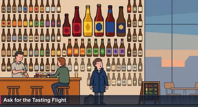 Early evening inside a cosy Brussels café near Grand-Place with hundreds of Belgian beer bottles on shelves, a chalkboard listing a Top 10, and a bartender serving a tasting flight.