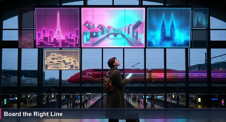 Commuter standing under the large departure board at Brussels-Midi, ticket in hand and suitcase at their feet, departure board showing international destinations as a metaphor for choosing coworking and incubator paths.