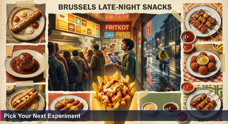 Wet Brussels street outside a neon-lit frituur at night; a long queue inside, a person holding a phone showing a ‘Top 10’ list while scanning an overloaded menu above the fryer.