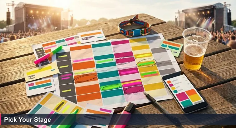 Overhead shot of a sunlit festival picnic table with a crumpled, highlighter-marked timetable, festival wristband, half-drunk beer cup and a phone showing the festival app.