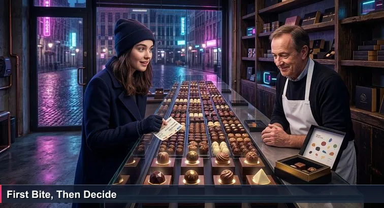 A young woman in a winter coat peers at a glass case of assorted Belgian chocolates in a small shop near Brussels’ Grand-Place while the chocolatier gestures to help her choose.