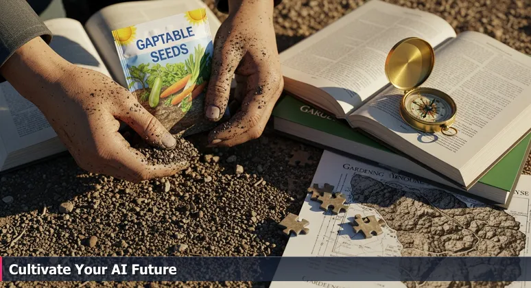A person's hands holding soil from a backyard in Hemet, CA, with a generic seed packet, symbolizing the need to understand local conditions for AI career growth.