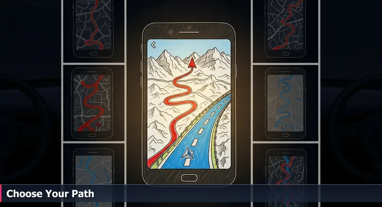 Smartphone screen in a car at night showing a navigation app with two route options: fastest through mountains and reliable on highway, symbolizing tech career choices in Hemet.