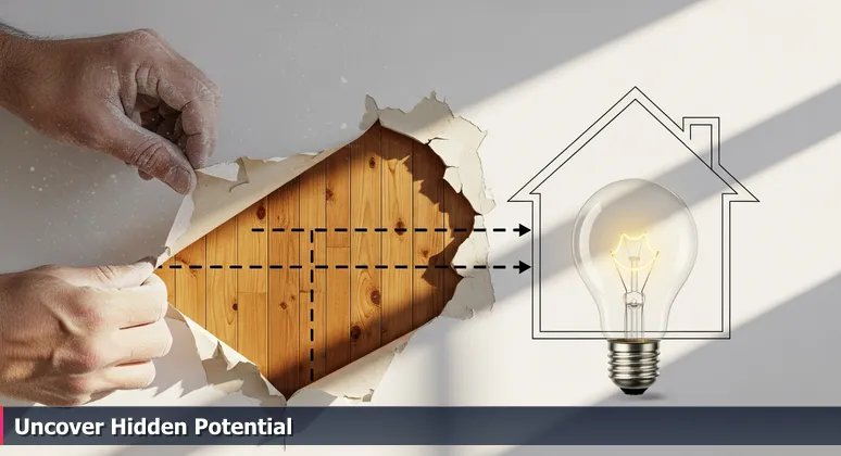 Dusty hands pulling down old wood paneling to reveal pristine hardwood floors, symbolizing the discovery of Hemet's hidden tech career opportunities in 2026.