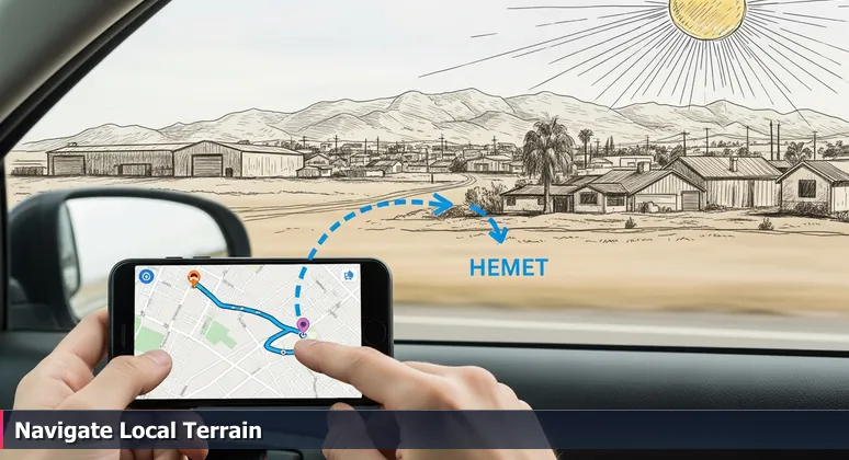A smartphone screen showing a GPS navigation map overlaid on a view of Hemet's sunlit streets, warehouses, and San Jacinto mountains, symbolizing the contrast between generic AI advice and local career realities.
