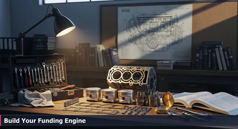 A mechanic's workbench at dawn with disassembled engine parts and tools, symbolizing strategic funding assembly for tech training in Hemet, CA.