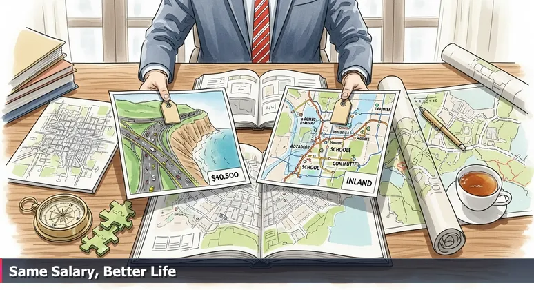 A person holds two blueprints over maps: one shows a coastal area with traffic, the other the Inland Empire with parks, illustrating how identical salaries offer different lifestyles in Hemet, CA.