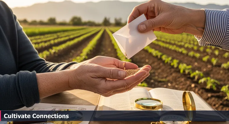 Weathered hands exchanging heirloom tomato seeds in a sunlit Hemet garden, with San Jacinto mountains in the background, symbolizing AI knowledge sharing.