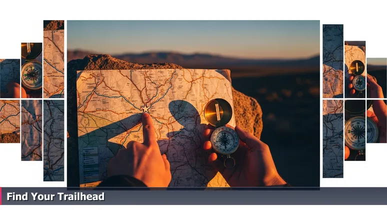 A trail map at a desert trailhead in the San Jacinto foothills, with a finger pointing to 'You Are Here' and a compass in hand, symbolizing tech career choices in Hemet.