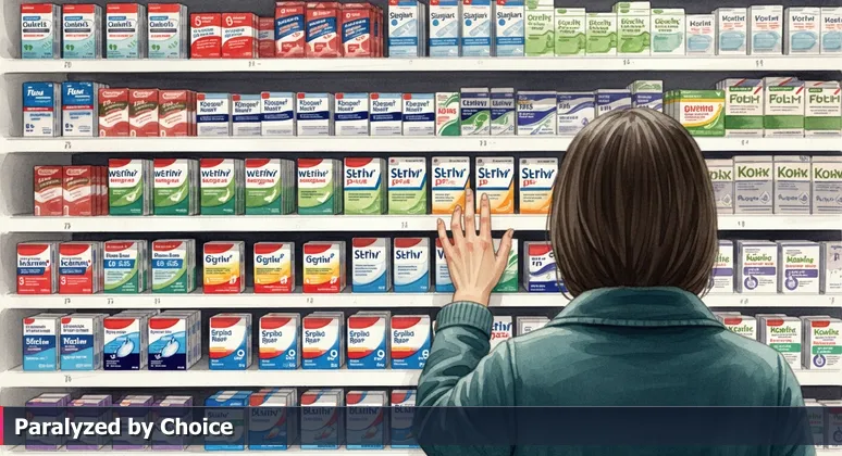 A person in a pharmacy aisle looking overwhelmed by medicine boxes, symbolizing the challenge of choosing an AI bootcamp in Hemet, California.