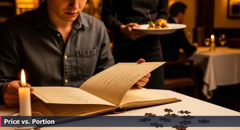 A tech professional in a Hemet restaurant, thoughtfully examining a menu with items labeled as salary and living costs, symbolizing financial decision-making.