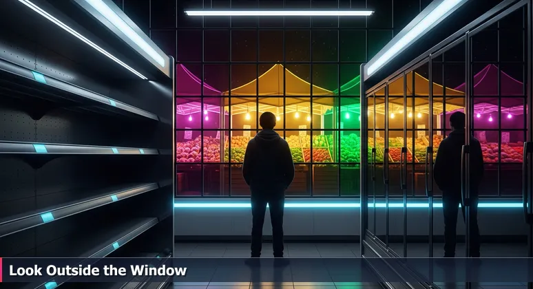 A person in a supermarket aisle staring at an empty shelf, with a reflection showing a bustling farmers market outside, symbolizing overlooked AI job opportunities in Hemet, California.