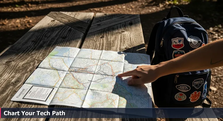 A weathered trail map on a wooden table at a trailhead fork, with hands pointing to routes and a tech-stickered backpack, symbolizing workspace choices in Hemet.