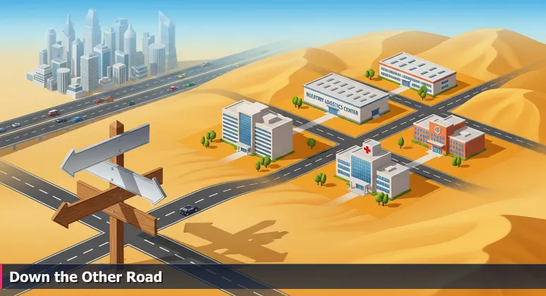 A desert signpost at a crossroads with arrows labeled 'Coastal Tech Hubs' and 'Inland Empire', symbolizing alternative career paths in tech.