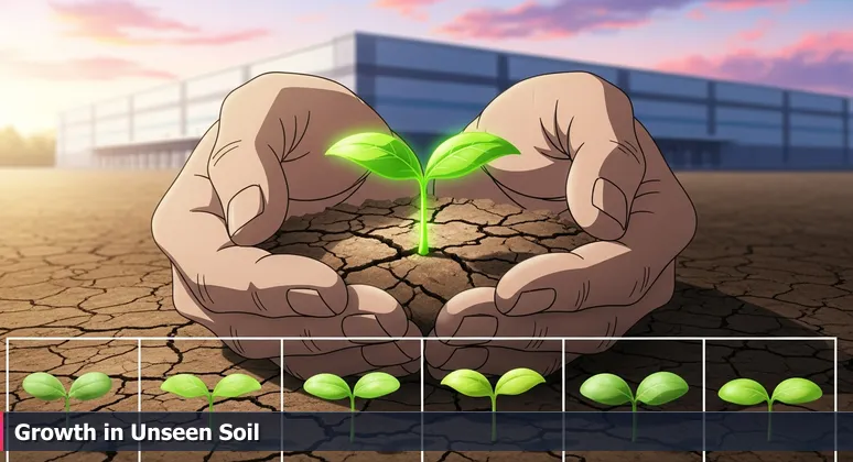 Weathered hands sifting dry soil to reveal a green sprout, with a modern warehouse silhouette at dawn in the Inland Empire.