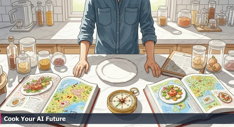 A person in a modern kitchen with open AI-themed cookbooks, staring at an empty plate, symbolizing the need to build projects for an AI career in Pearland.