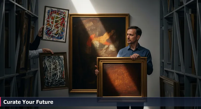 A museum curator thoughtfully holding two paintings: one flashy with a price tag, the other subtle and historical, symbolizing tech career choices in Pearland.