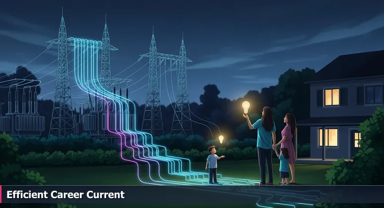 An electrical substation at dusk in Pearland, TX, symbolizing its role as a tech career interface, with a suburban family scene in the foreground.