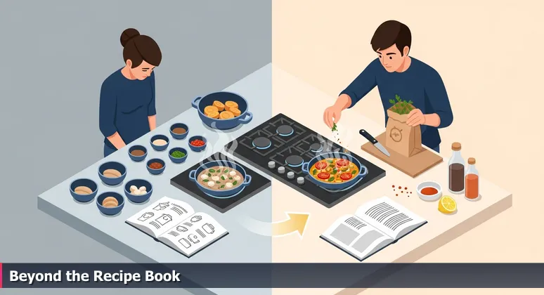A frustrated home cook in a modern Pearland kitchen with measured ingredients and a recipe book, staring at a bland dish, symbolizing the gap between following AI steps and achieving local mastery.