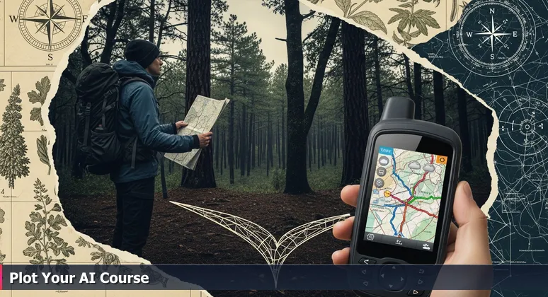 A hiker at a forest trail fork, holding a simple paper map and a modern GPS with detailed topographical data, symbolizing AI career navigation in Pearland, TX.