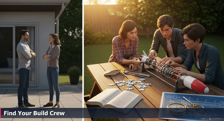 Two groups at a Pearland backyard event: one awkwardly chatting, another intensely collaborating on a model rocket, representing AI networking dynamics.