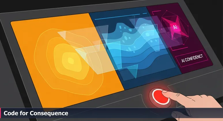 A NASA mission control console with glowing screens displaying AI data streams for autonomous rover navigation, a hand hovering over a 'PROCEED' button.