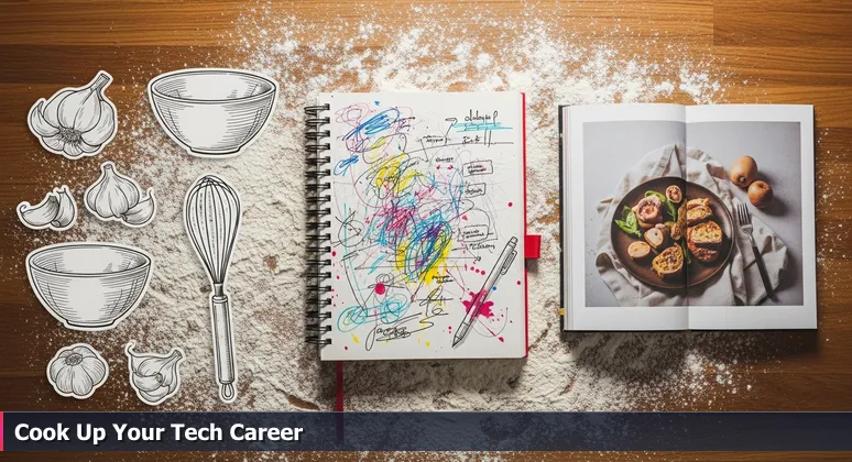 A glossy cookbook with a perfect recipe photo next to a splattered, handwritten notebook on a flour-dusted kitchen counter, symbolizing real-world tech learning paths.
