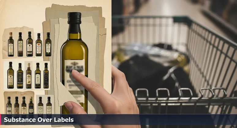 A hand hovering over bottles of olive oil in a grocery aisle, symbolizing the choice of AI bootcamps in Pearland's tech market.