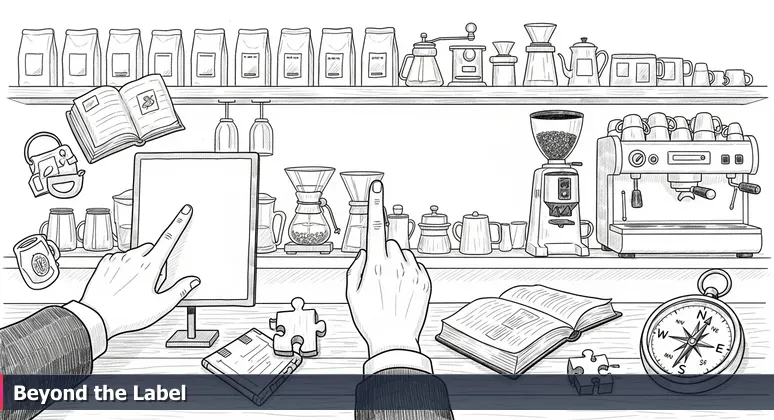 A hand pointing at a coffee shop menu board with only the word 'Coffee', with a blurred background of coffee brewing tools and bean bags, symbolizing the hidden diversity of cybersecurity job sectors in Pearland.