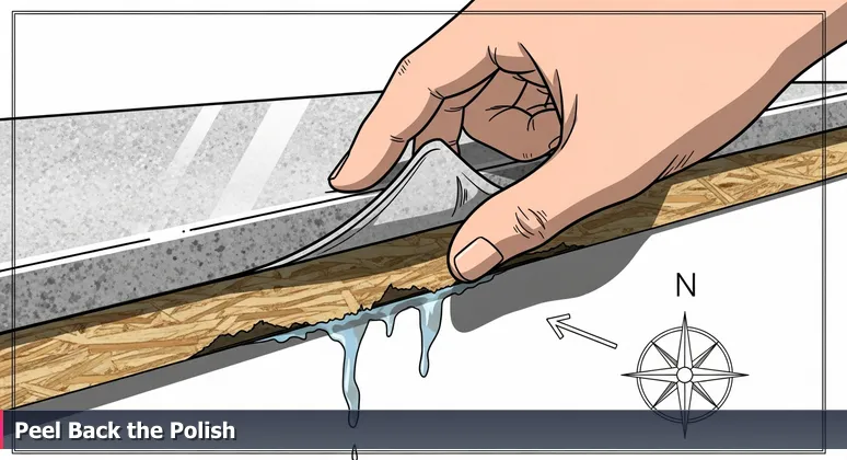 Granite countertop peeling to reveal particleboard, symbolizing hidden costs in Pearland's affordable lifestyle for tech professionals.