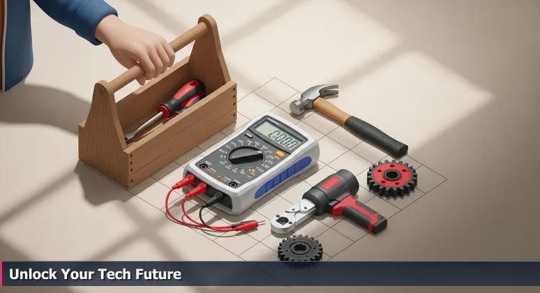 A hand opening a weathered wooden toolbox to reveal modern tech tools like a multi-meter and 3D-printed gear alongside traditional tools, symbolizing hidden free tech training in libraries.