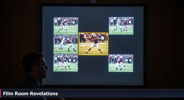 A Pearland football coach in a dim film room uses a laser pointer on game tape to highlight a critical block, symbolizing hidden AI opportunities in local industries.