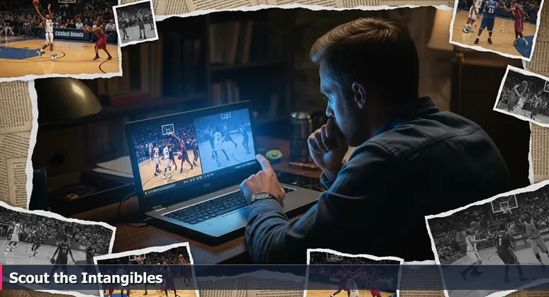 A basketball scout in a dim room analyzing a laptop split-screen: a highlight reel versus unedited game footage, symbolizing workspace evaluation for tech professionals.