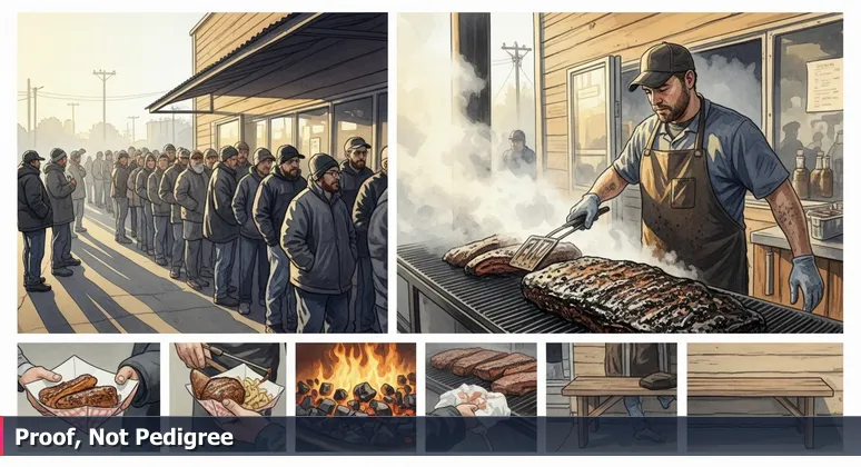 A line of people at a Texas barbecue joint with smoky haze, symbolizing the queue for skill-based tech jobs in Pearland, TX in 2026.