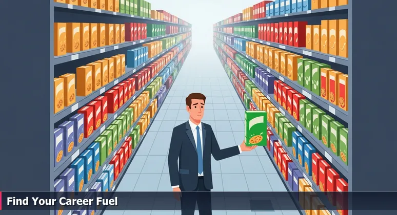 A shopper overwhelmed in a supermarket aisle filled with colorful cereal boxes, symbolizing job search paralysis for tech roles in Pearland.