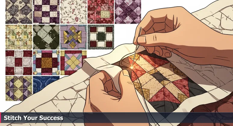 Close-up of hands stitching a quilt patch, symbolizing the resilient and collaborative women in tech community in Pearland, Texas.