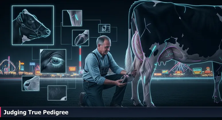 A judge at the Iowa State Fair inspecting a champion dairy cow, symbolizing expert evaluation of AI startups in Des Moines based on hidden strengths and market fit.