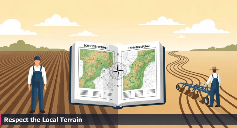 Two farmers in Iowa fields: one with straight rows from a guidebook, another following land contours, symbolizing localized AI career paths in Des Moines.